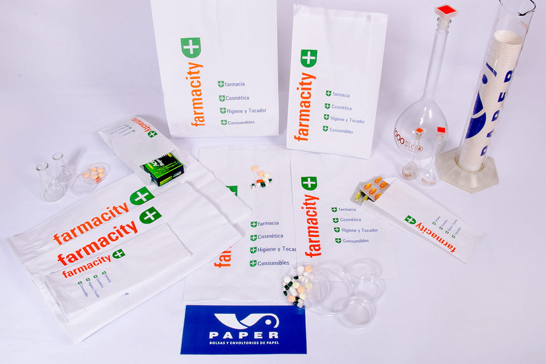 Bolsas ecologicas de papel personalizadas para cadenas de farmacias